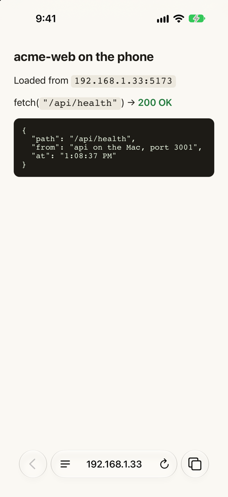 Safari on an iPhone at 192.168.1.33:5173 showing a fetch to /api/health returning 200 OK from the API on the Mac’s port 3001.